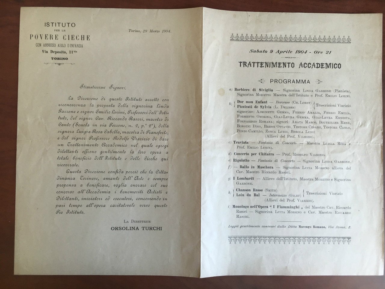 Programma concerto Istituto Povere Cieche Torino 1904 - E21689