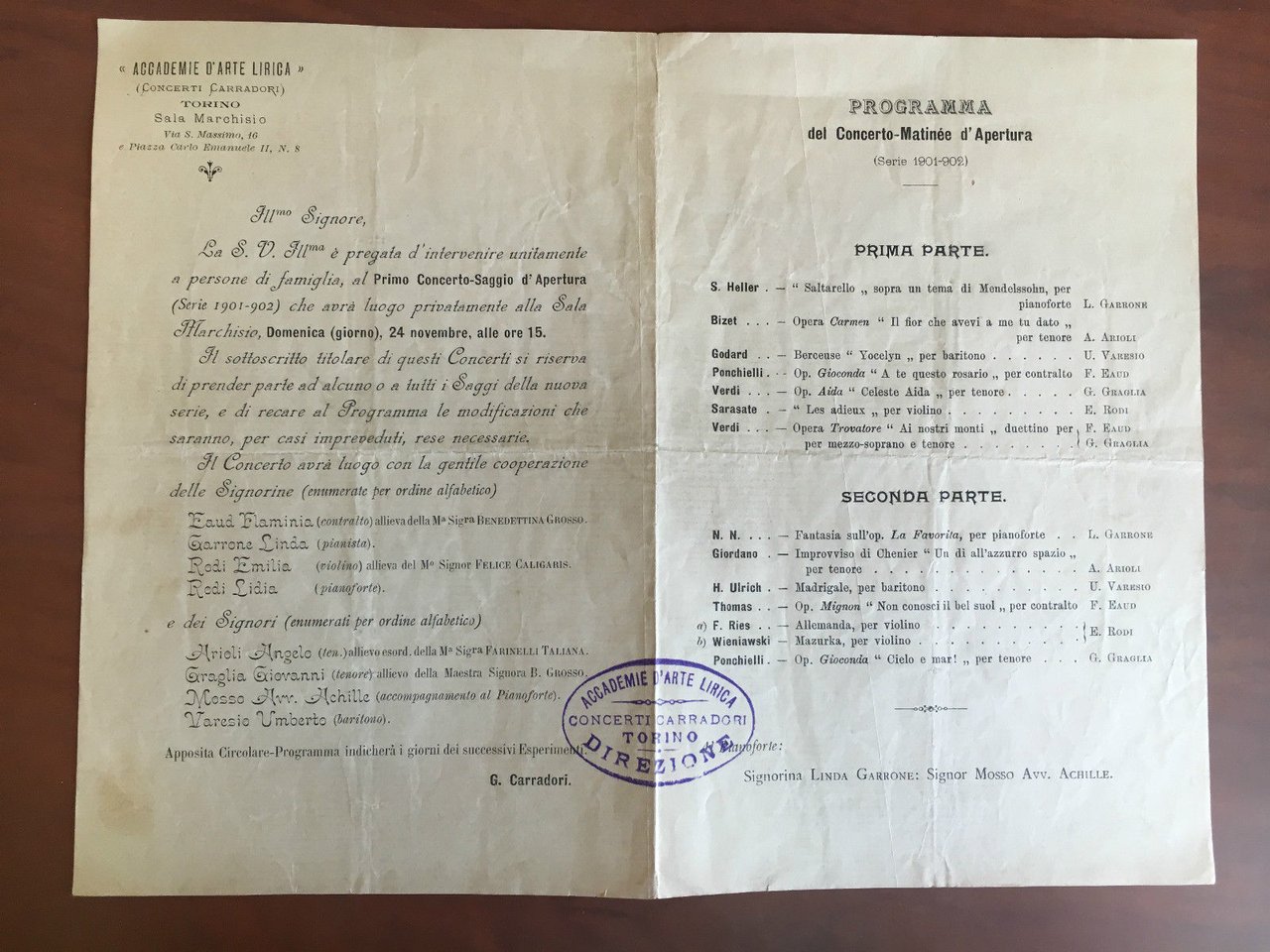 Programma Concerto-Matinée d'Apertura Carradori Torino 1901-902 - E21683