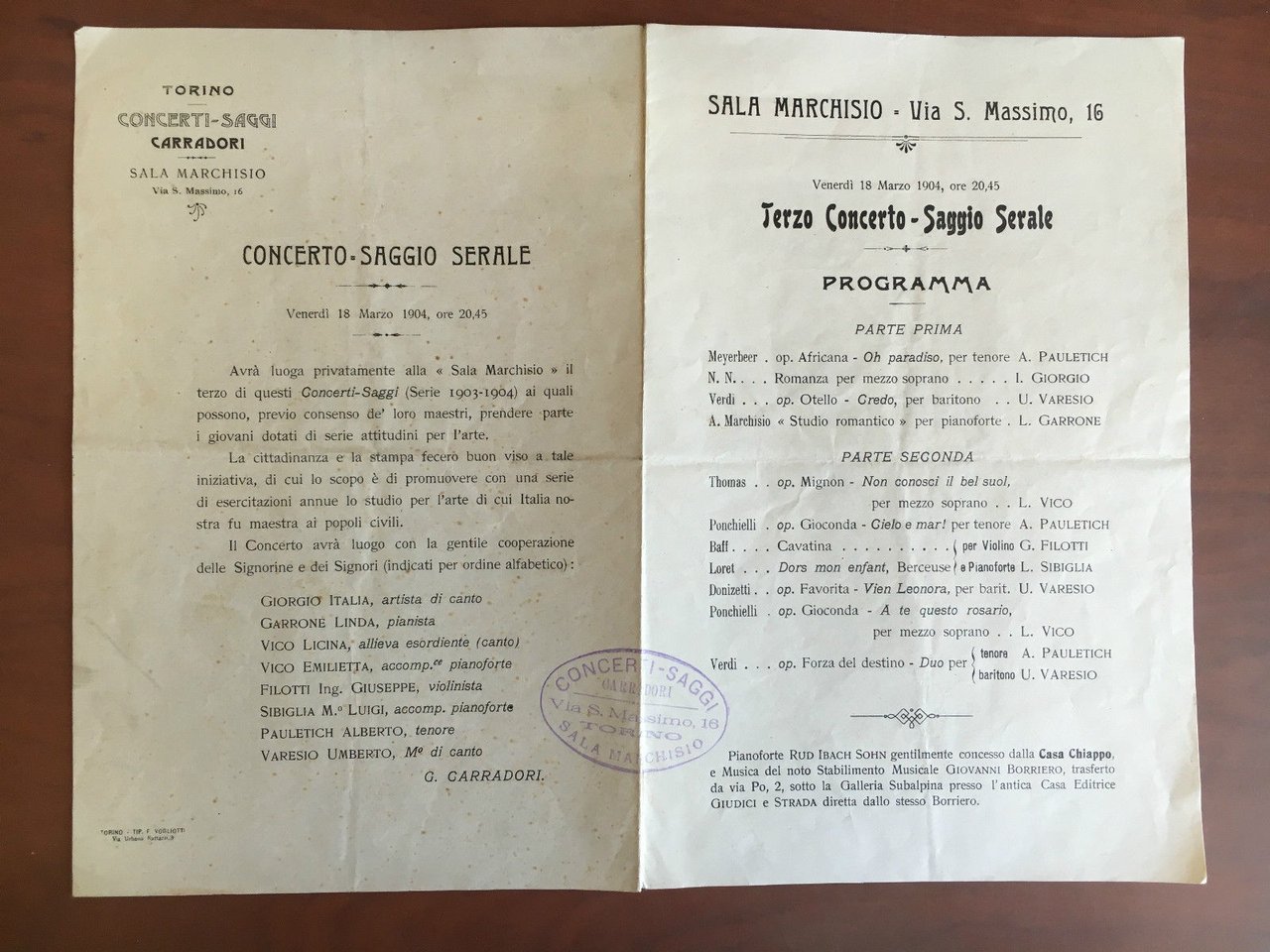 Programma Mattinée Concerti Saggi Carradori Torino 1904 - E21681