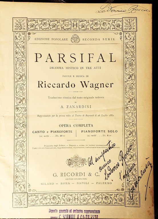 R. Wagner PARSIFAL Spartito Opera completa Ricordi Milano 1909
