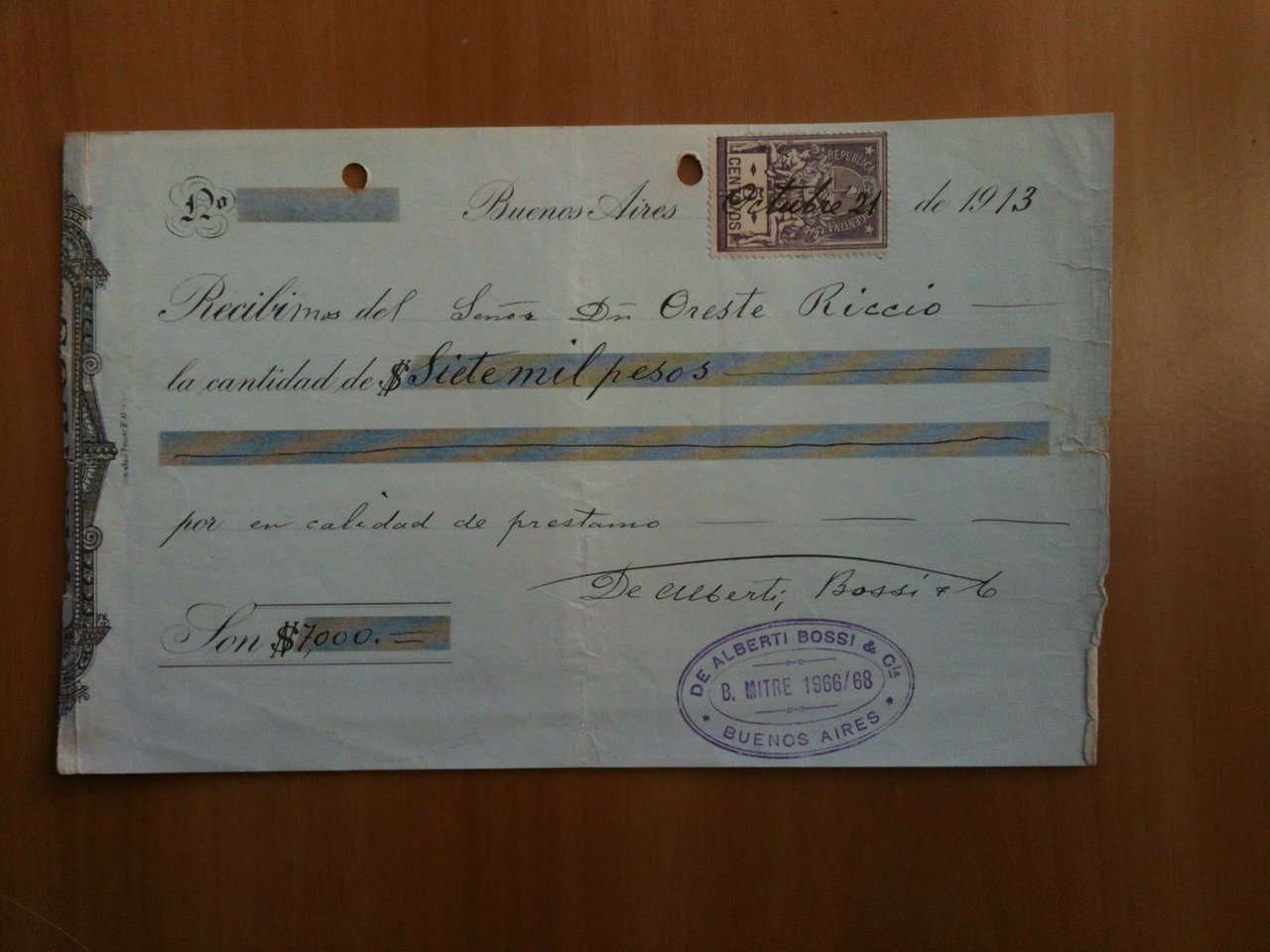 Ricevuta di pagamento De Alberti Bossi &amp; C. Bueno Aires …