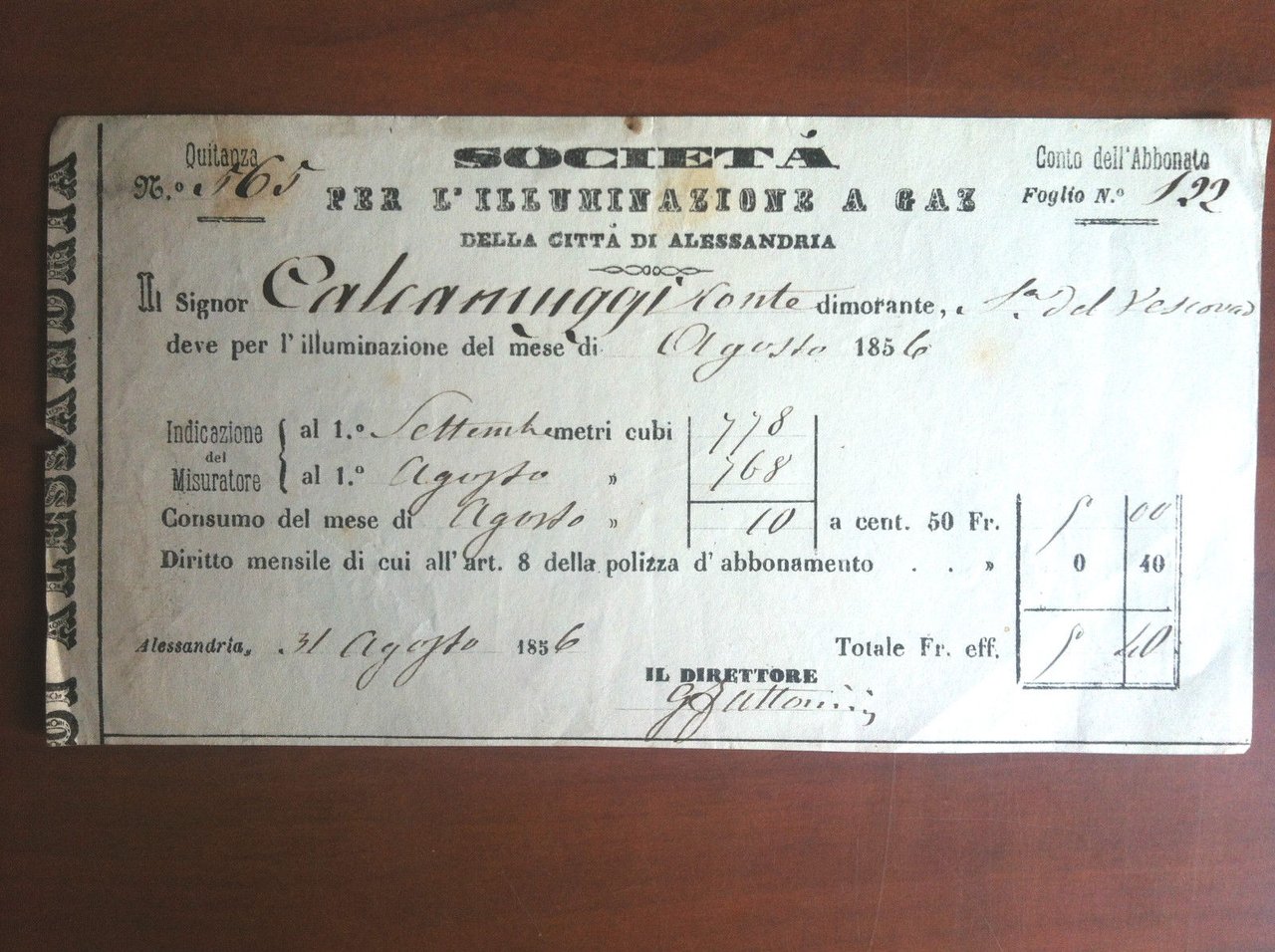 Ricevuta originale 1856 per l'illuminazione a Gaz Alessandria - E10651