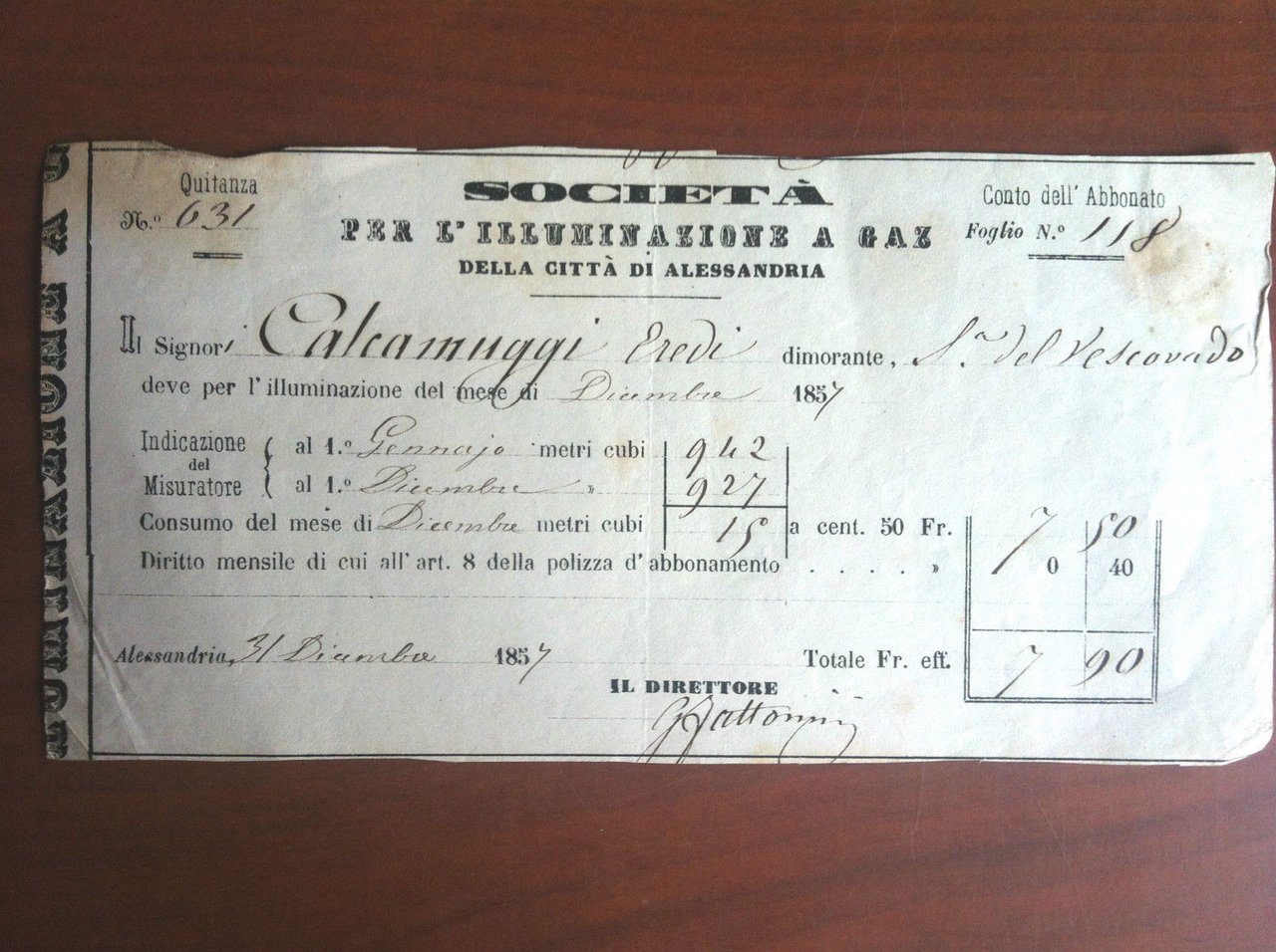 Ricevuta originale 1857 per l'illuminazione a Gaz Alessandria - E10650