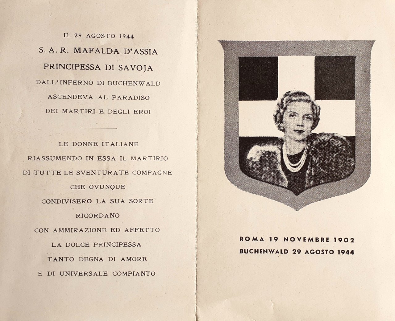 Ricordo funebre di S.A.R. Mafalda D'Assia Principessa di Savoia 1944 | Immagine principale