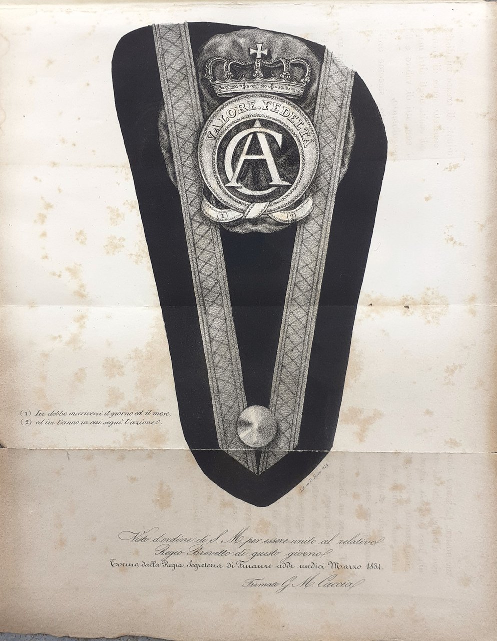 Risorgimento Atti del Governo Brevetto Carlo Alberto di Savoia 1834