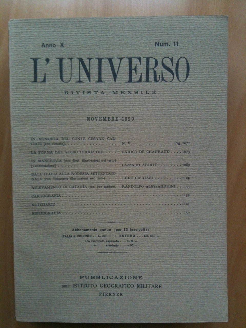 Rivista L'Universo Anno X - n^ 11 Novembre 1929