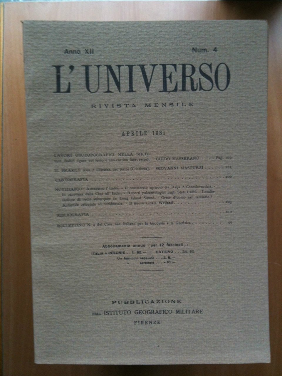 Rivista L'Universo Anno XII - n^ 4 Aprile 1931