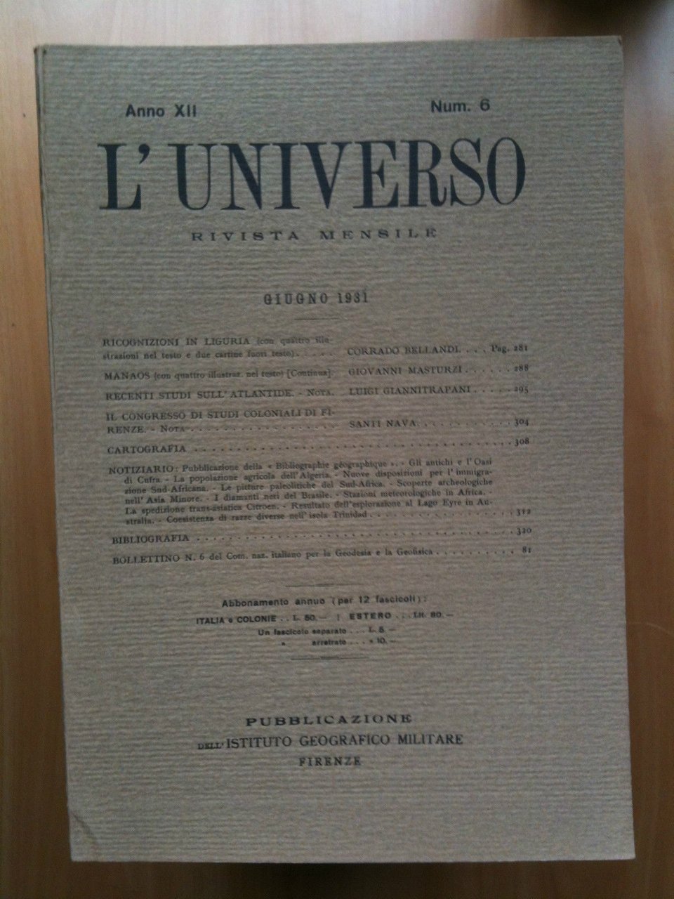 Rivista L'Universo Anno XII - n^ 6 Giugno 1931