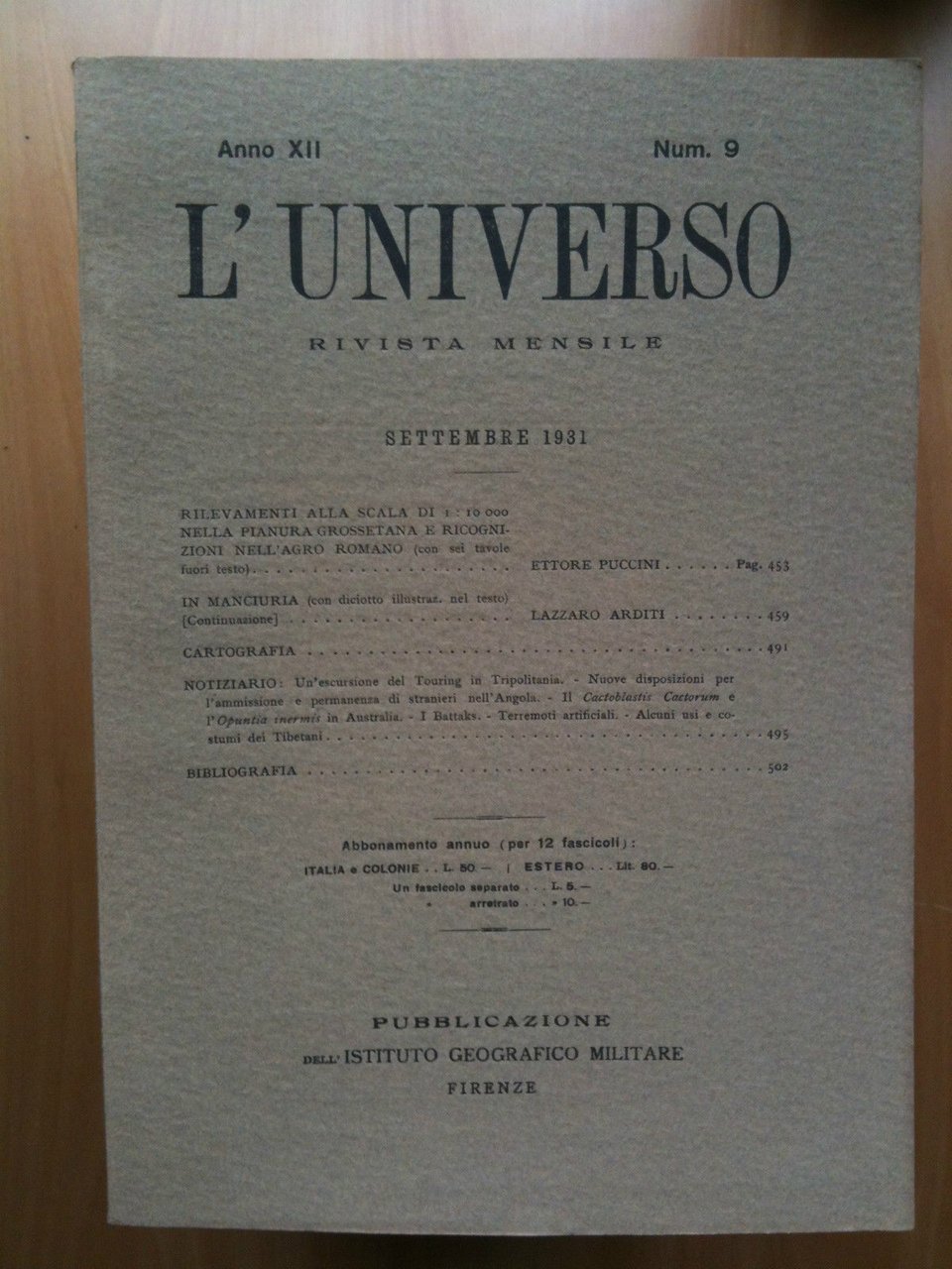 Rivista L'Universo Anno XII - n^ 9 Settembre 1931