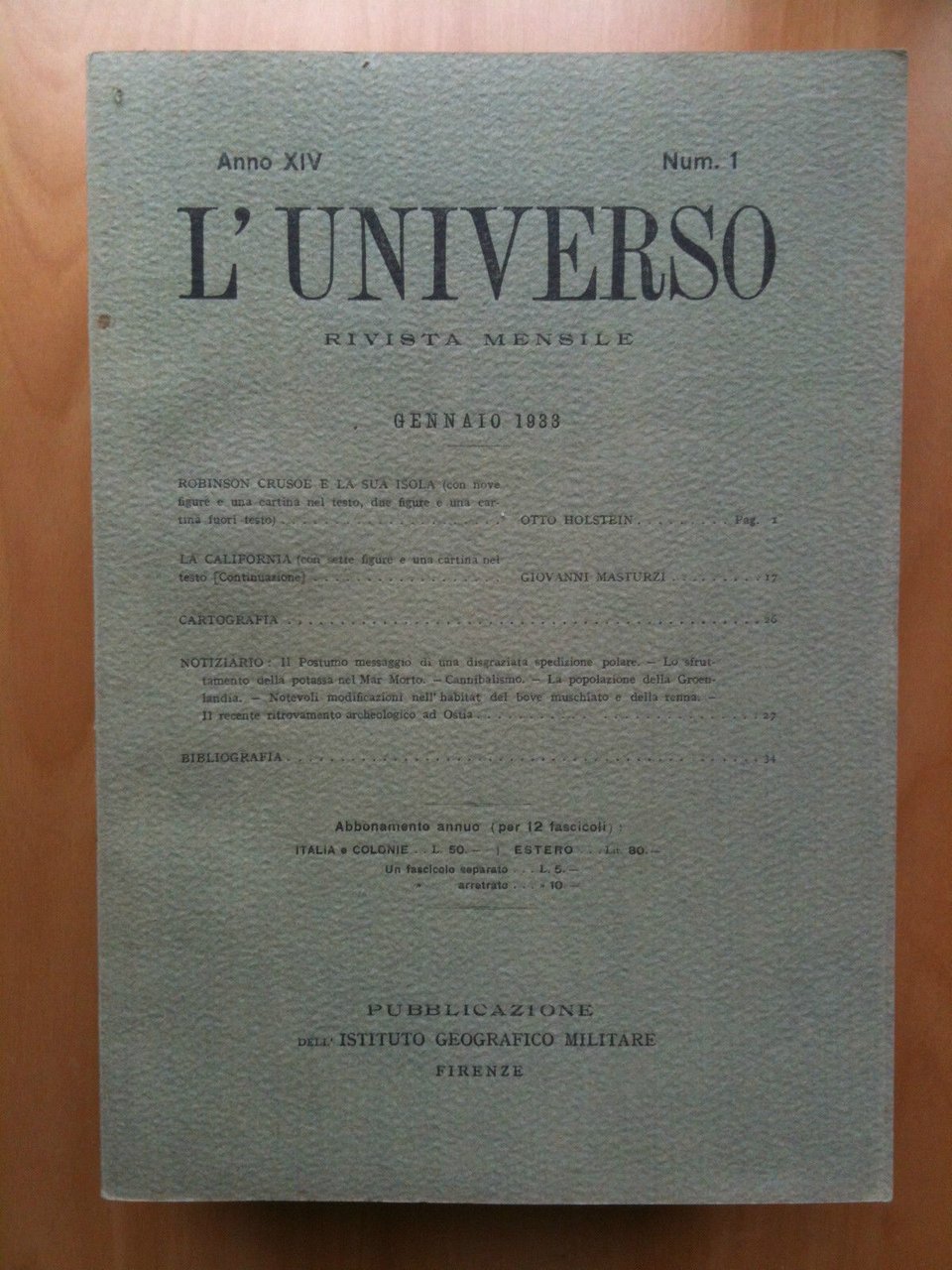 Rivista L'Universo Anno XIV - n^ 1 Gennaio 1933