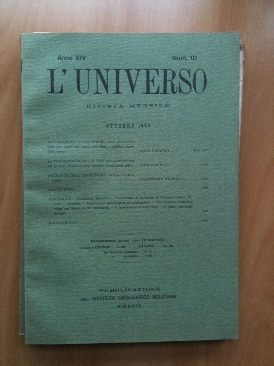 Rivista L'Universo Anno XIV - n^ 10 Ottobre 1933