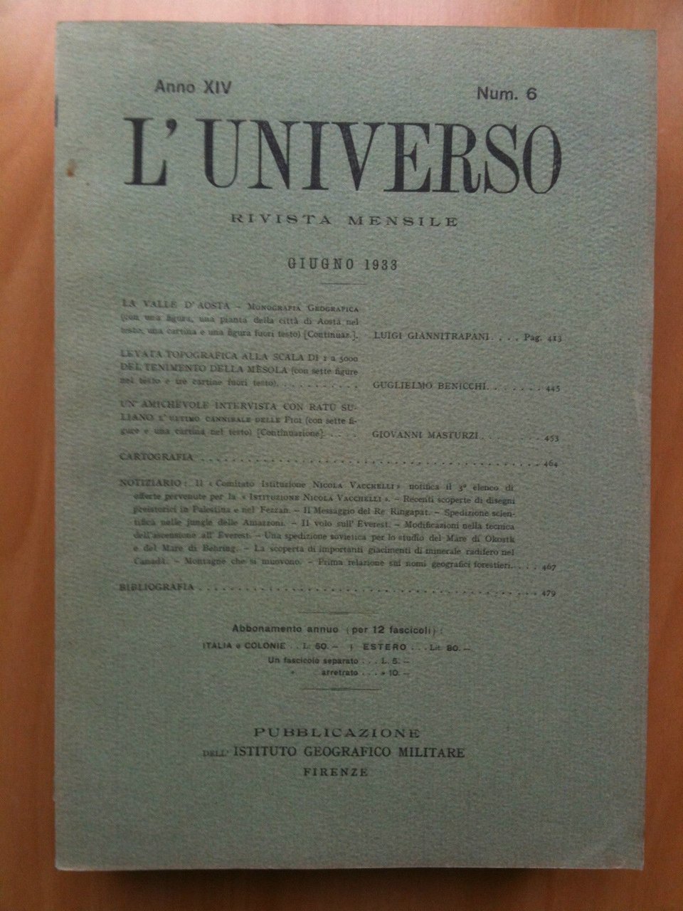 Rivista L'Universo Anno XIV - n^ 6 Giugno 1933