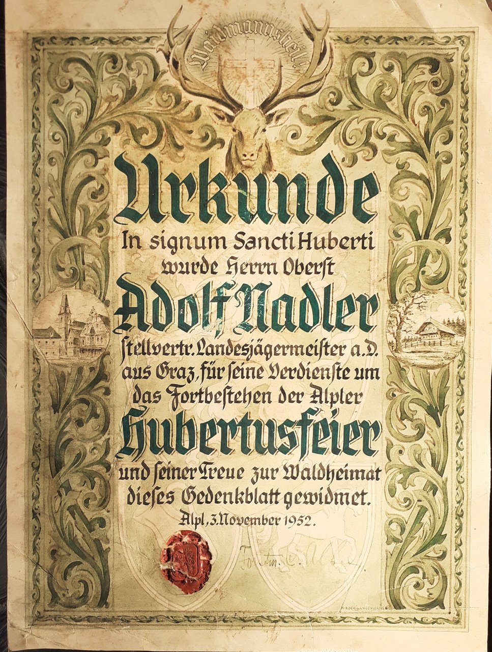 Sancti Huberti onorificenza disegnata a mano Alpl novembre 1952