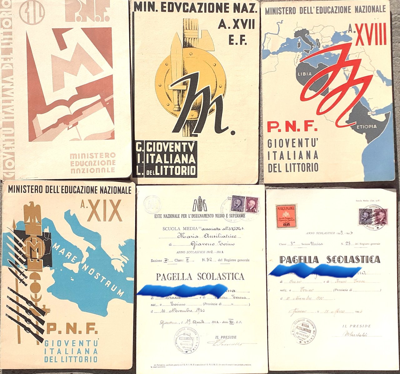 Sei Pagelle scolastiche da anno 1937-38 a anno 1943-44 stessa …