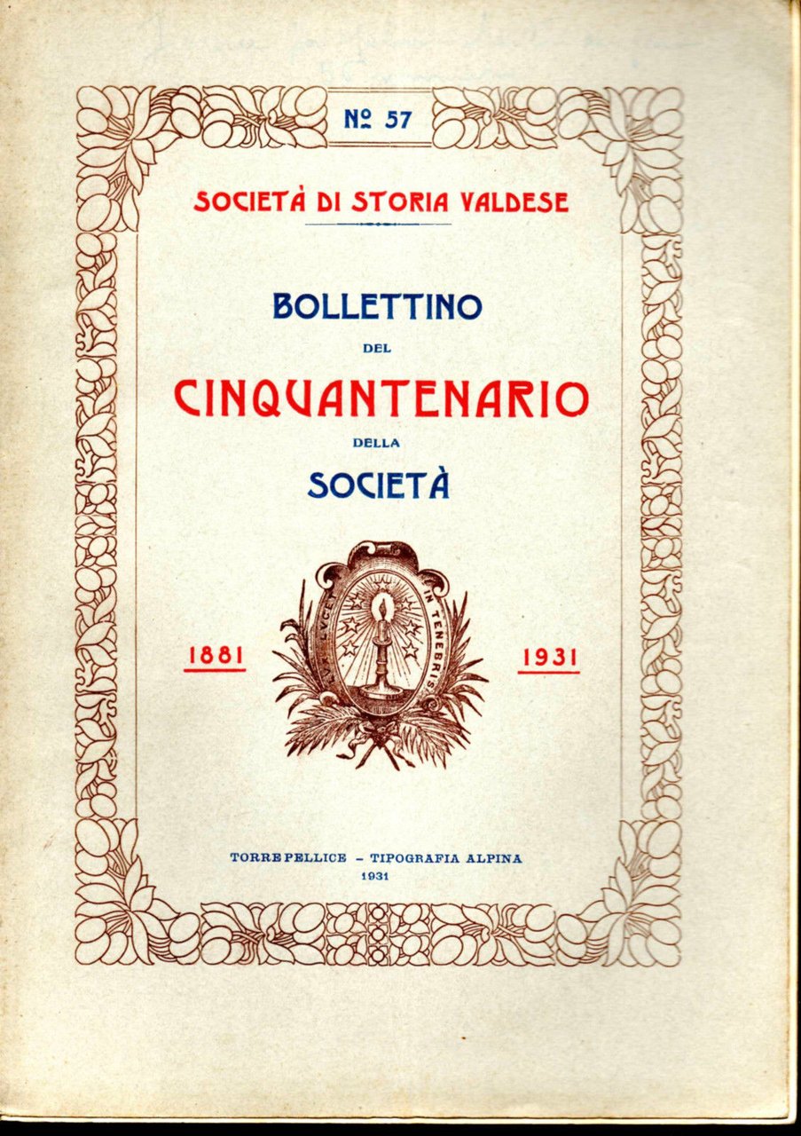 Società di Storia Valdese Bollettino del cinquantenario 1931