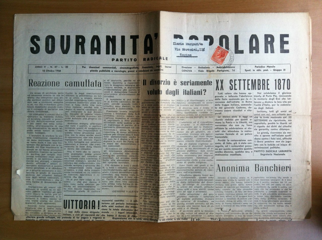 Sovranità popolare Anno V n^ 47 - 10 Ottobre 1958 …