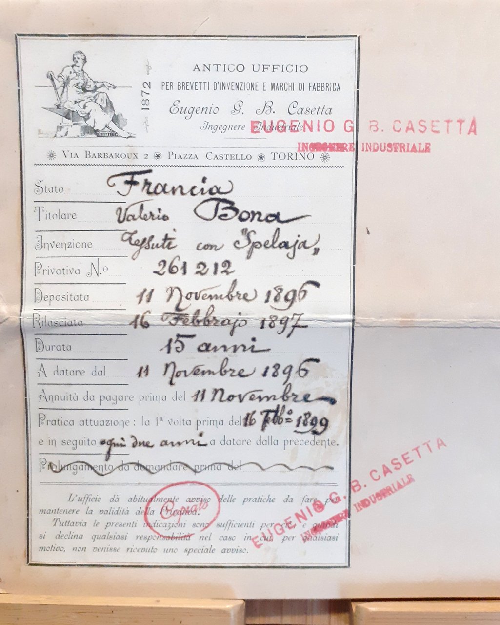 Tessitura Bona Carignano - Brevetto nuovo tessuto per Republique Francaise …