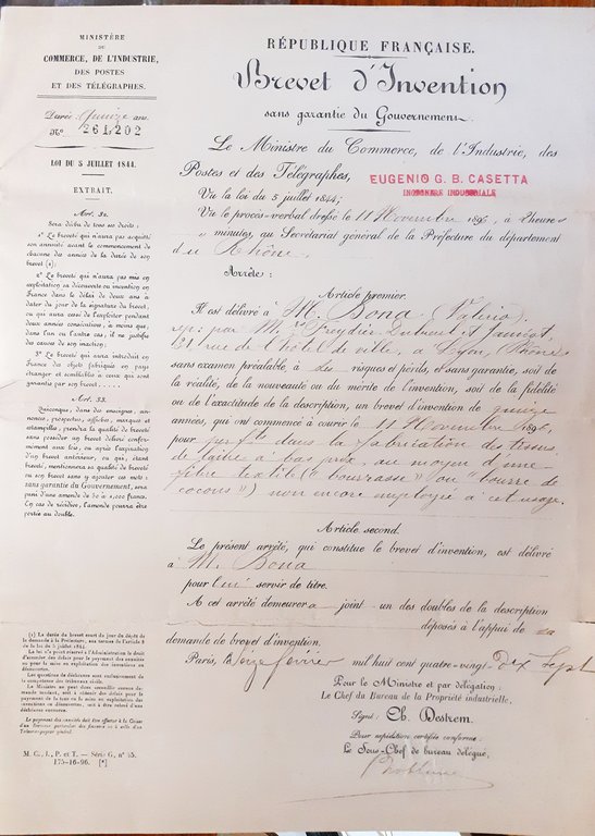 Tessitura Bona Carignano - Brevetto nuovo tessuto per Republique Francaise …