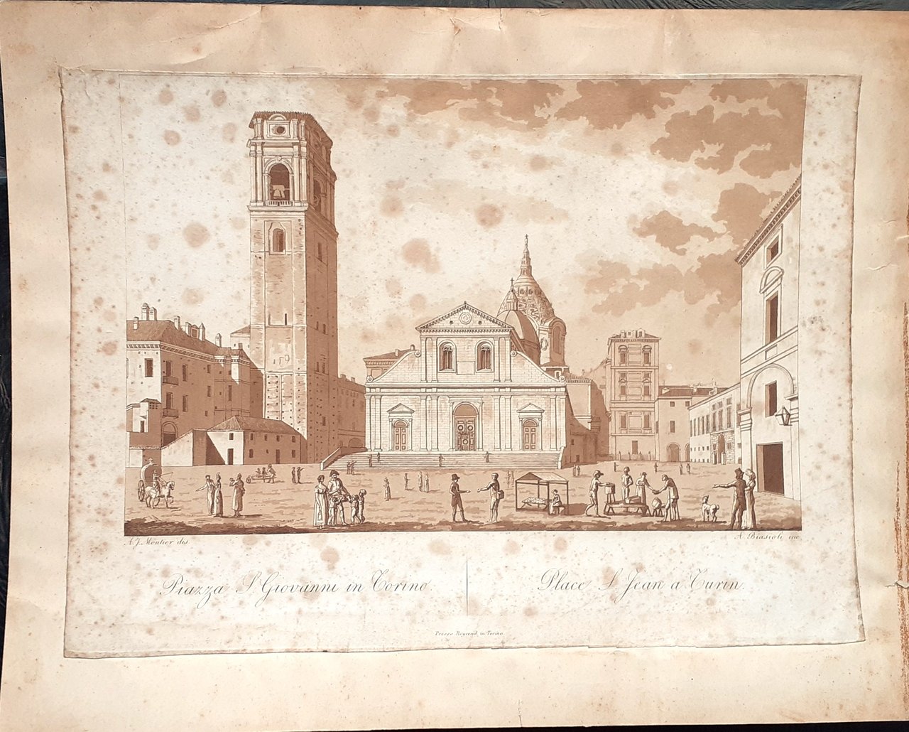 Torino Piazza San Giovanni rara incisione 1817