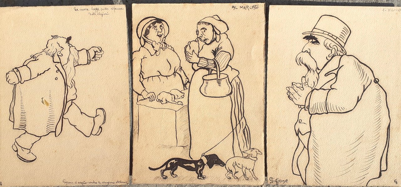Tre Caricature a penna datate 1910