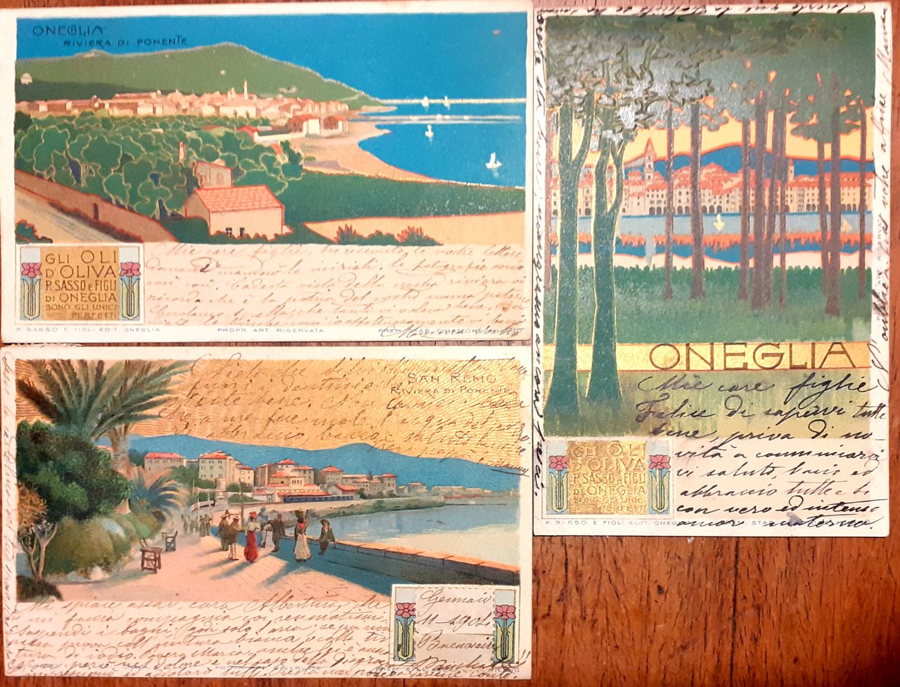 Tre cartoline pubblicitarie olio SASSO Oneglia viaggiate 1904