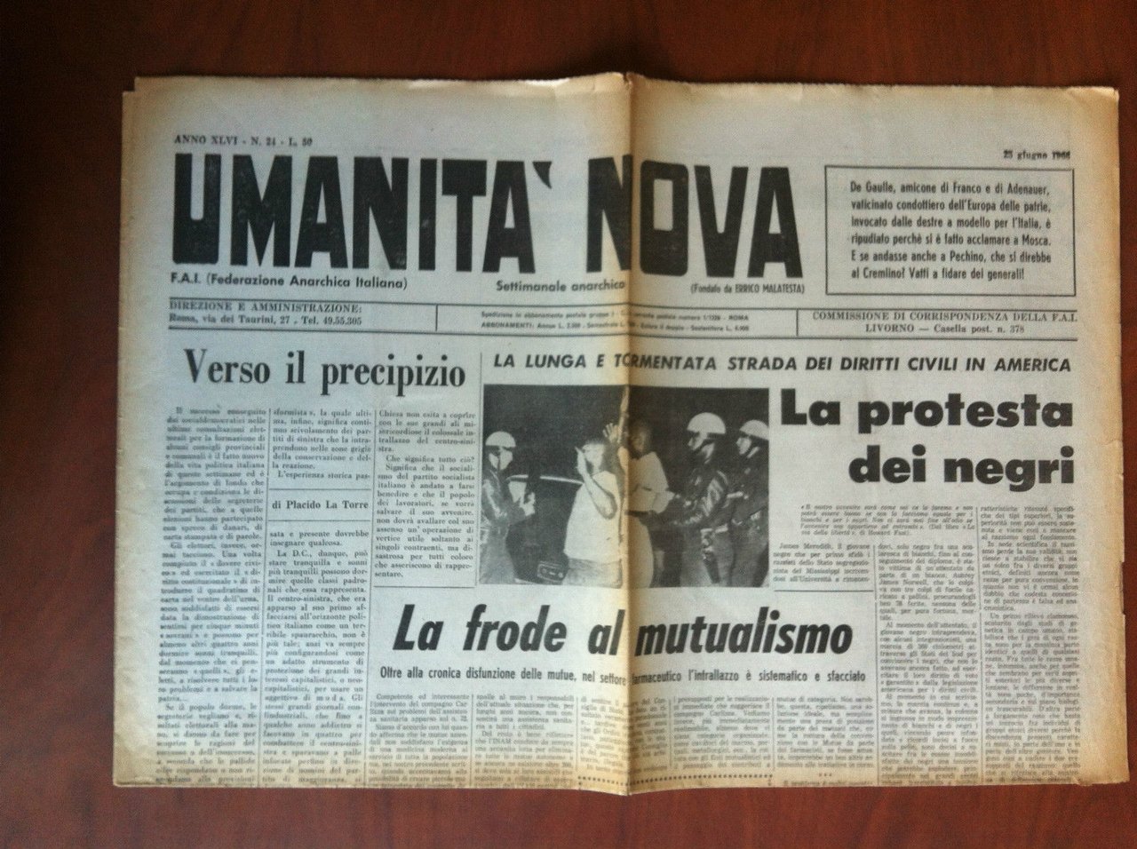Umanità Nova Anno XLVI n^ 24 - 25 Giugno 1966 …