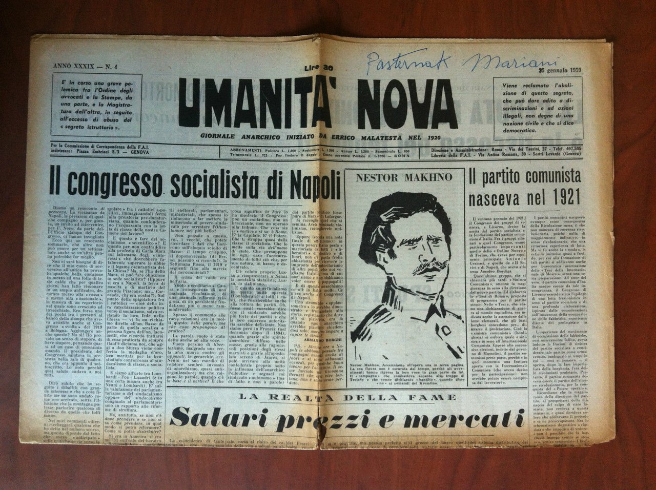Umanità Nova Anno XXXIX n^ 4 - 25 Gennaio 1959 …