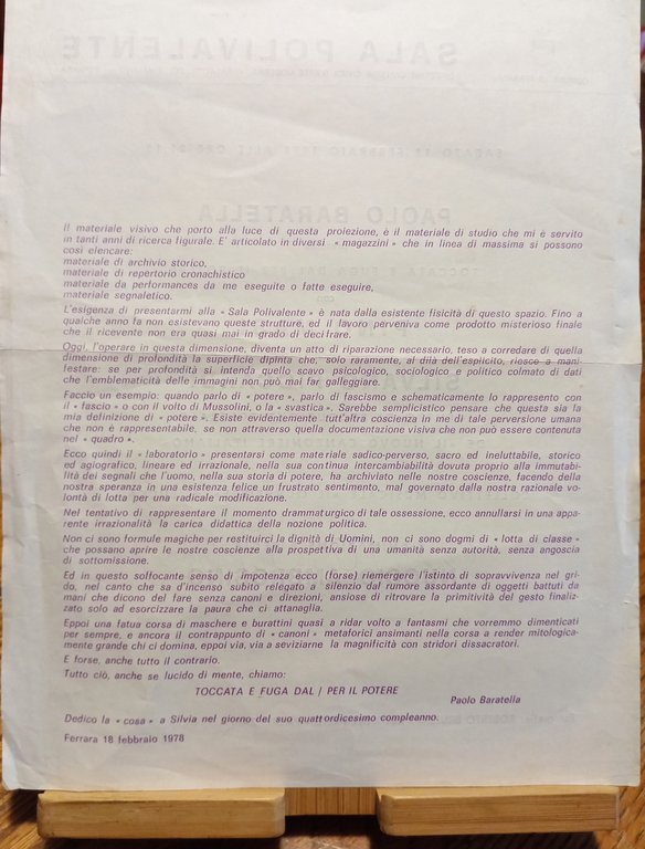 Volantino performances di Paolo Baratella Ferrara 1978