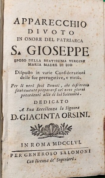 Apparecchio divoto in onore del Patriarca S. Gioseppe sposo della …