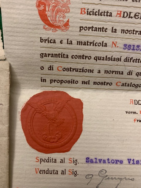 Certificato d'Origine e di Garanzia bicicletta Adler,