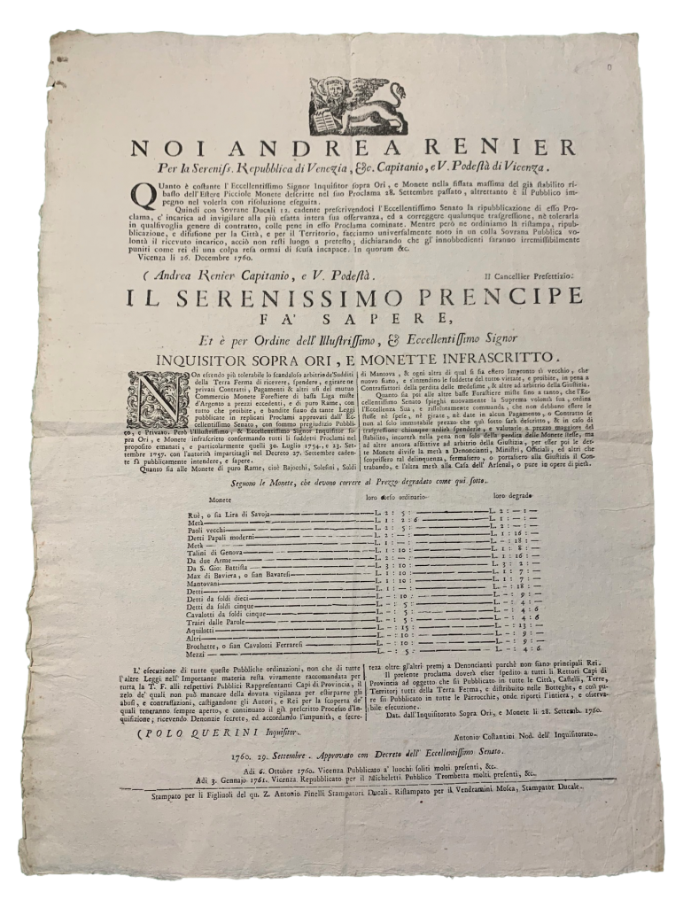 Noi Andrea Renier Per la Sereniss. Repubblica di Venezia, etc. …