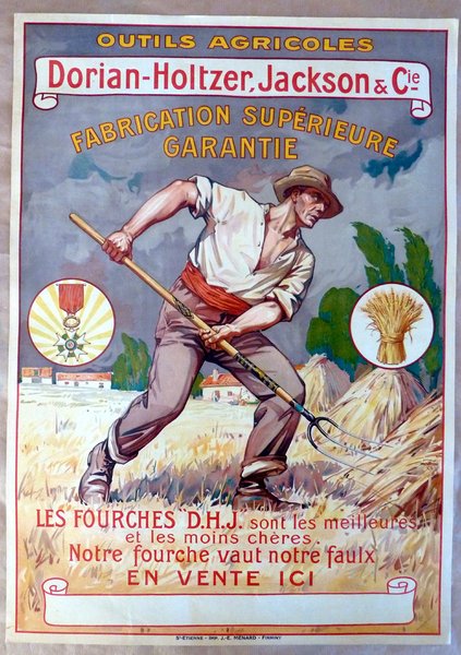 Affiche en chromolithographie pour la fabrique d'Outils Agricoles: Dorian-Holtzer-Jackson et …