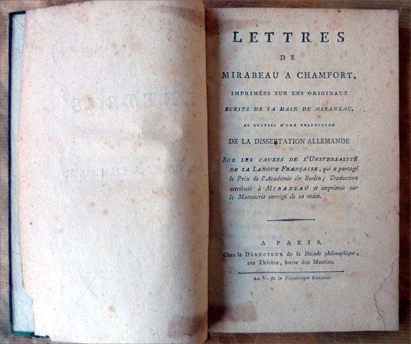 Lettres de Mirabeau à Chamfort, imprimées sur les originaux écrits …