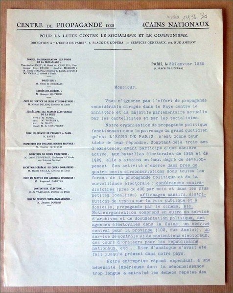 Autographes d'Henri de Kérillis Directeur du "Centre de Propagande des …