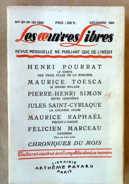 Les Oeuvres Libres. Décembre 1954. Revue littéraire.