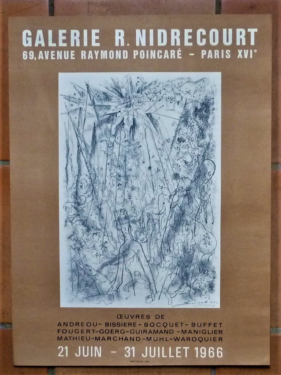 Affiche éditée à l'occasion de l'exposition des peintres suivants: Andreou-Bissière-Bocquet-Buffet-Fougert-Goerg-Guiramand-Maniglier-Mathieu-Marchand-Muhl-Waroquier; …