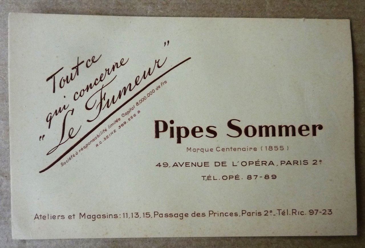 Une carte de visite de la Société des Pipes Sommer.