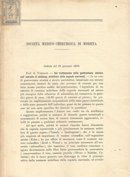 Sul trattamento della gastrectasia atonica coll'estratto di sostanza midollare delle …