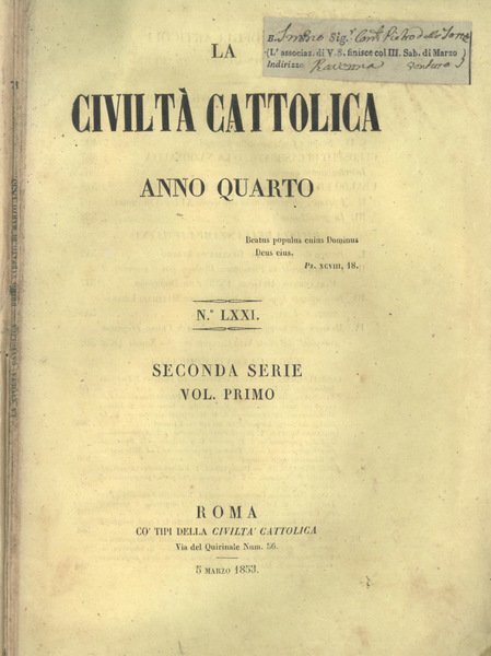 La Civiltà Cattolica 1853 | Immagine principale