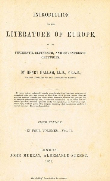 INTRODUCTION TO THE LITERATURE OF EUROPE IN THE FIFTEENTH, SIXTEENTH … | Immagine principale