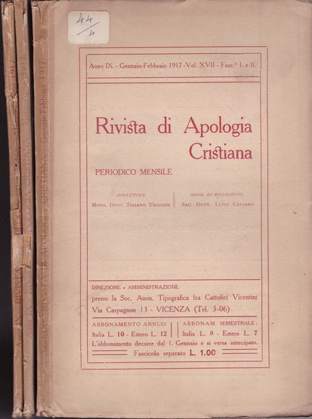 Rivista di apologia cristiana Anno IX volumi XVII (fascicoli I …