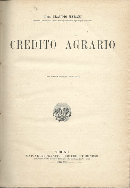 Credito Agrario-Nuova Enciclopedia Agraria Italiana.Parte ottava