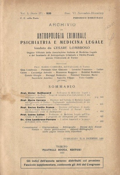 Archivio di Antropologia Criminale Psichiatria e Medicina Legale Vol. L