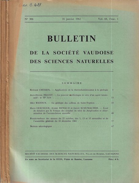 Bulletin de la Société Vaudoise des sciences naturelles N. 306, … | Immagine principale