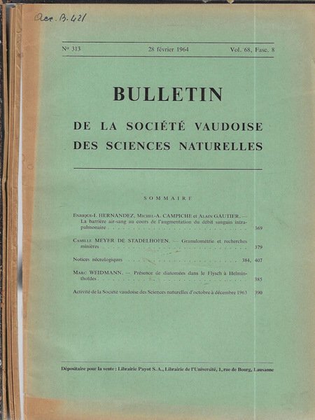 Bulletin de la Société Vaudoise des sciences naturelles N. 313, … | Immagine principale