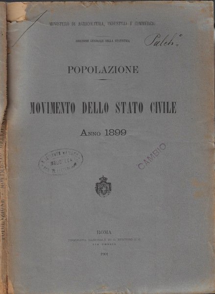 Popolazione movimento dello Stato Civile anno 1899