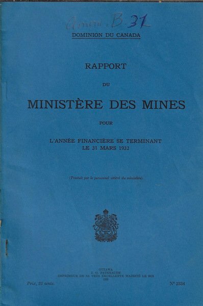 Rapport du Ministère des Mines pour l'année financière se terminant …