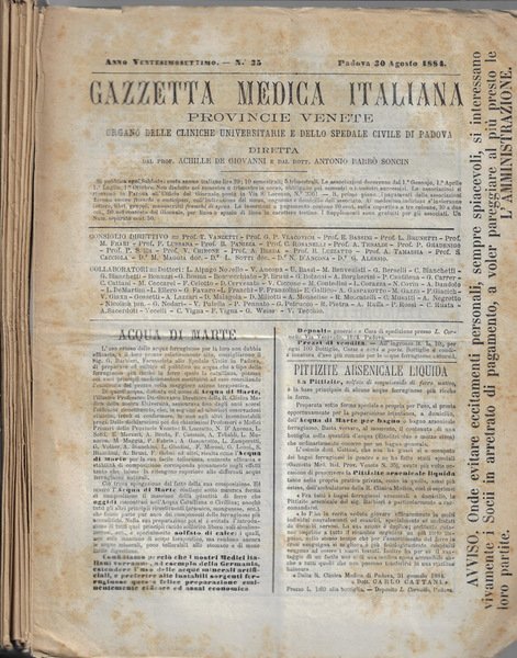 Gazzetta medica italiana anno 1884 N. 35, 36, 37, 39, …
