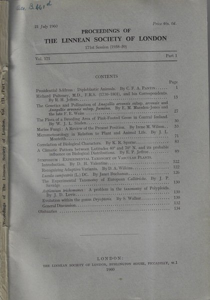 Proceedings of the Linnean Society of London Vol. 1751part. I 1960