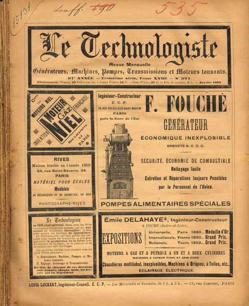 Le Technologiste. Revue mensuelle generateurs, machines, pompes, transmissions et moteurs … | Immagine principale